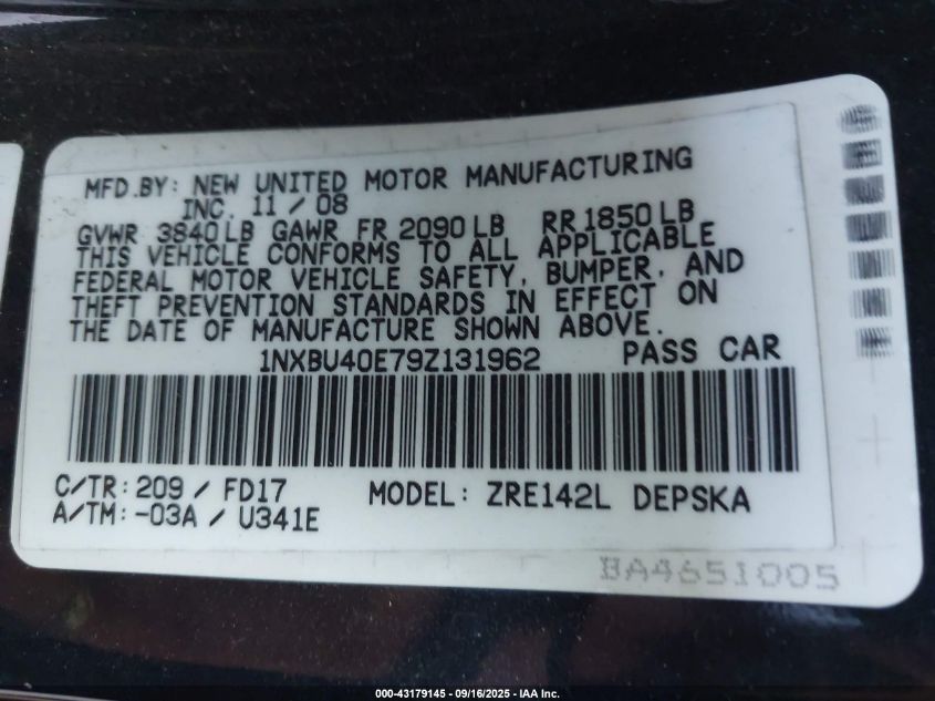 2009 Toyota Corolla S VIN: 1NXBU40E79Z131962 Lot: 43179145