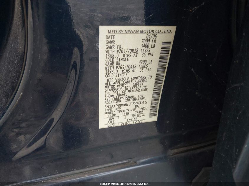 2006 Nissan Armada Se VIN: 5N1AA08BX6N734045 Lot: 43179166