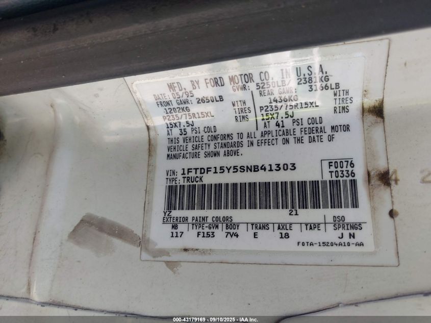1995 Ford F150 VIN: 1FTDF15Y5SNB41303 Lot: 43179169