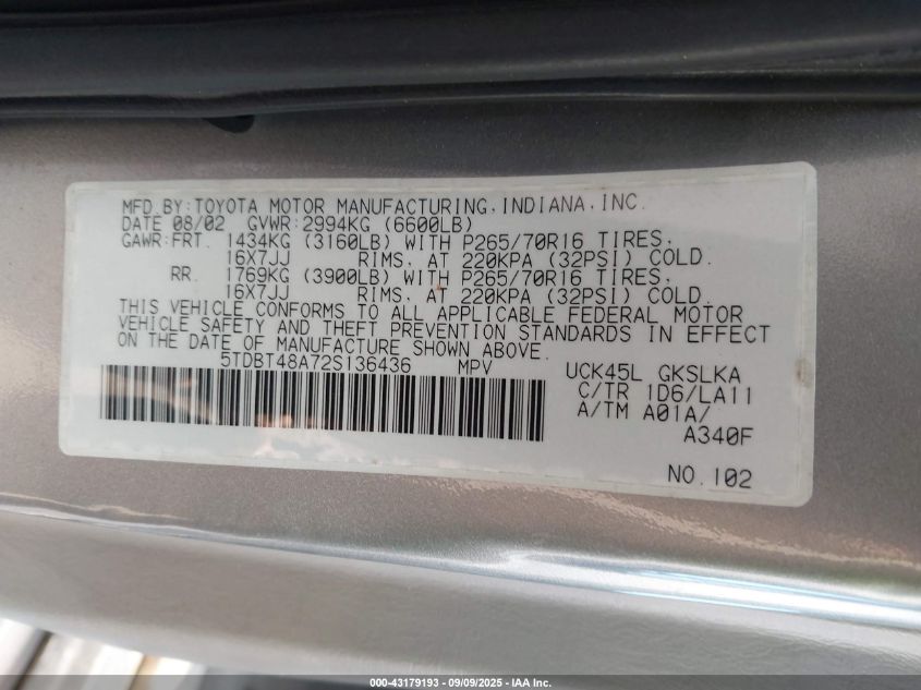 2002 Toyota Sequoia Limited V8 VIN: 5TDBT48A72S136436 Lot: 43179193