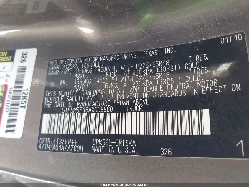 2010 Toyota Tundra Grade 4.6L V8 VIN: 5TFUM5F16AX008860 Lot: 43179203