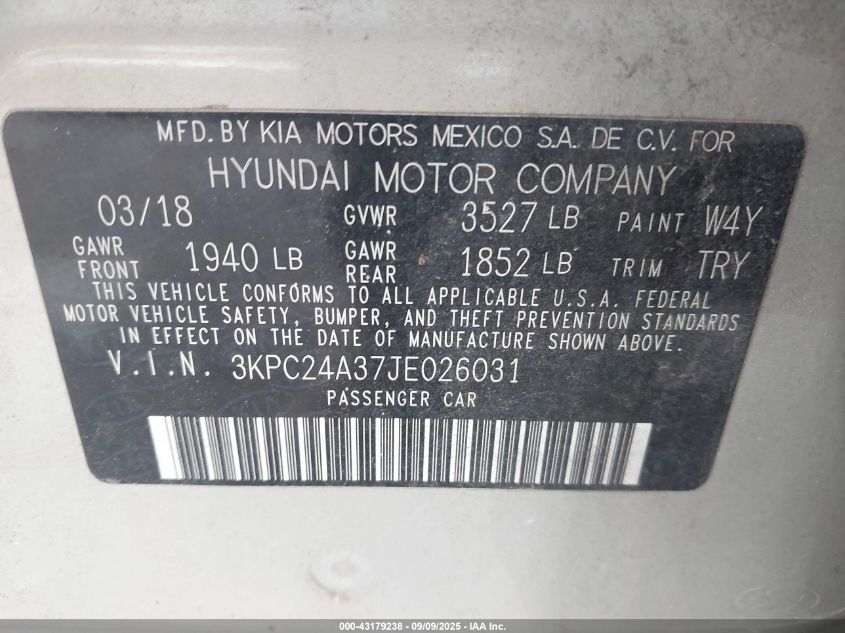 2018 Hyundai Accent Se VIN: 3KPC24A37JE026031 Lot: 43179238
