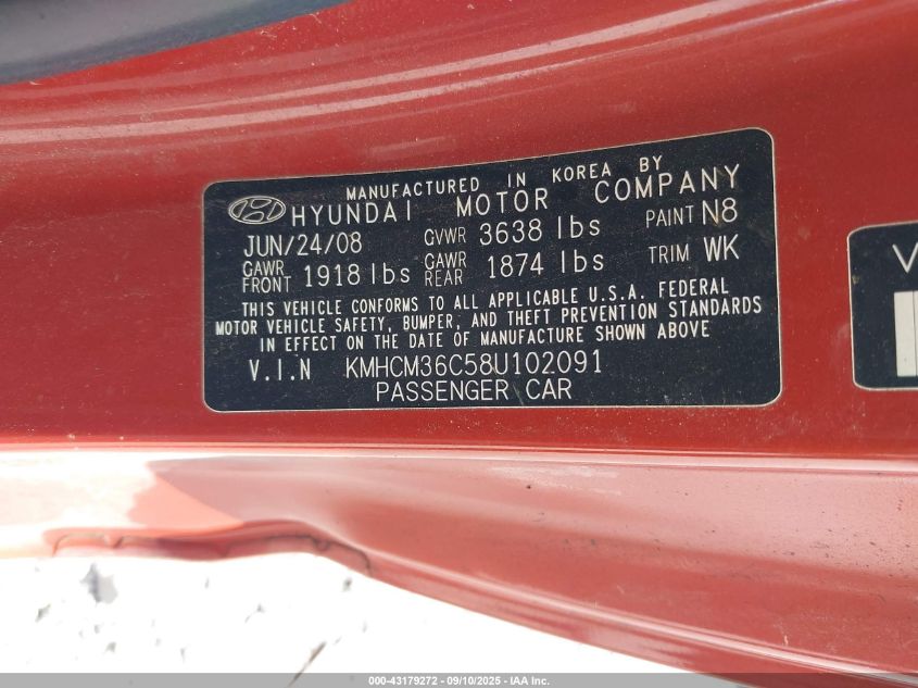 2008 Hyundai Accent Gs VIN: KMHCM36C58U102091 Lot: 43179272