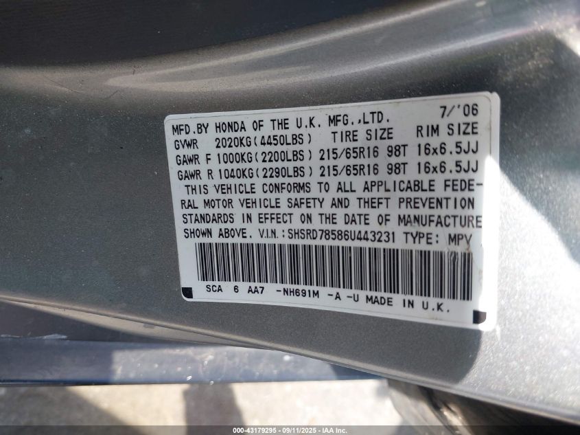 2006 Honda Cr-V Lx VIN: SHSRD78586U443231 Lot: 43179295