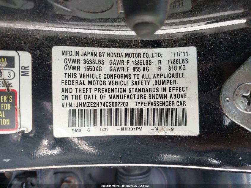 2012 Honda Insight Ex VIN: JHMZE2H74CS002203 Lot: 43179328