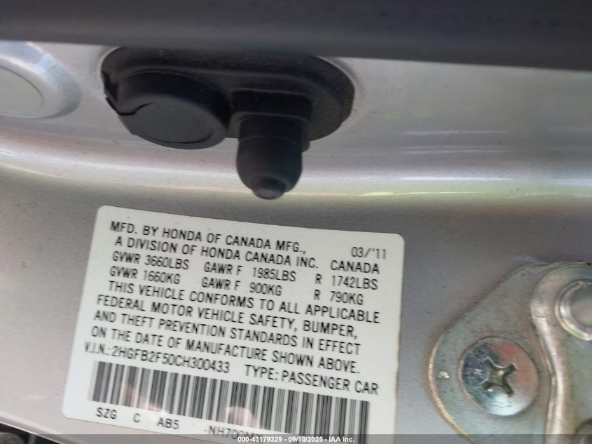 2012 Honda Civic Lx VIN: 2HGFB2F50CH300433 Lot: 43179329