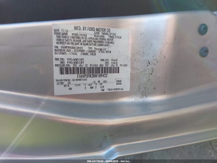 2011 Ford Focus Se VIN: 1FAHP3FN2BW189422 Lot: 43179330