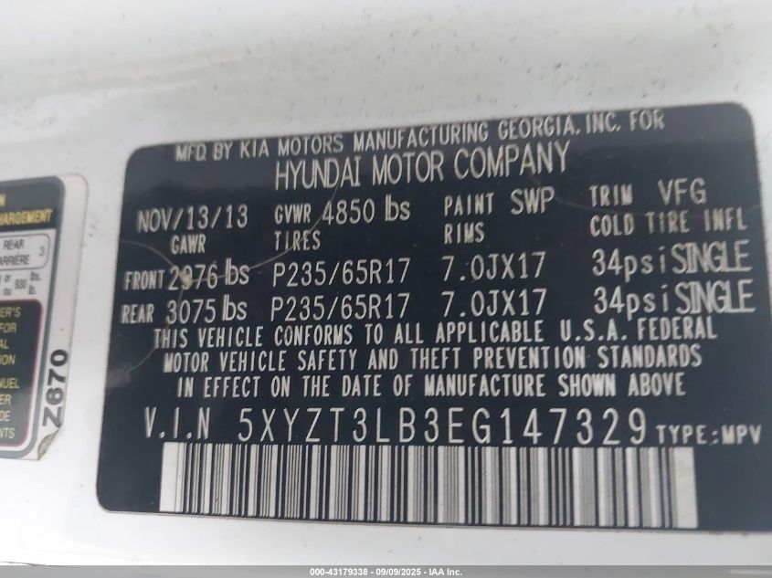2014 Hyundai Santa Fe Sport 2.4L VIN: 5XYZT3LB3EG147329 Lot: 43179338