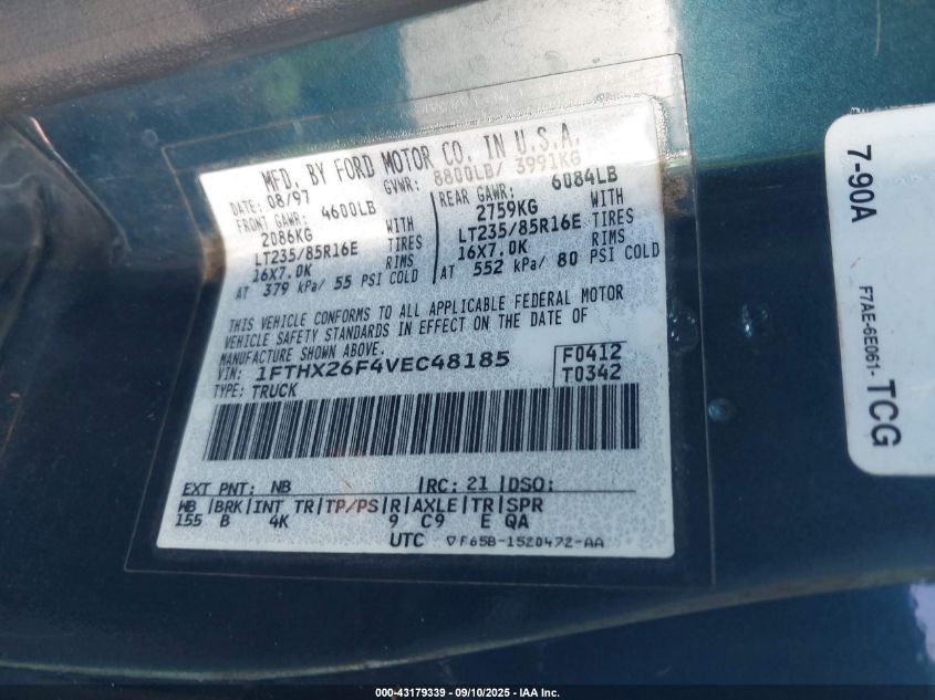 1997 Ford F250 VIN: 1FTHX26F4VEC48185 Lot: 43179339