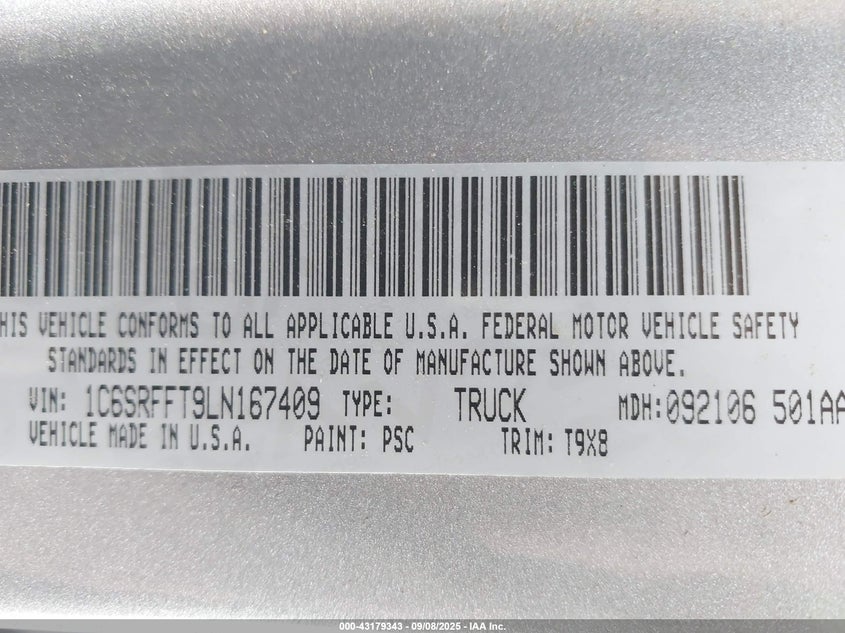 2020 Ram 1500 Big Horn 4X4 5'7 Box VIN: 1C6SRFFT9LN167409 Lot: 43179343
