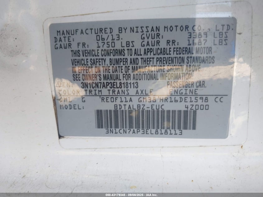 2014 NISSAN VERSA 1.6 SV - 3N1CN7AP3EL818113