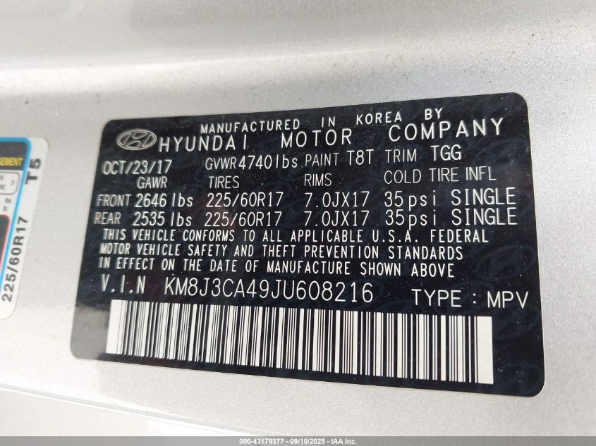 2018 Hyundai Tucson Sel VIN: KM8J3CA49JU608216 Lot: 43179377