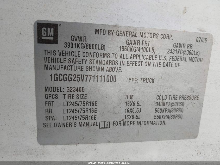 2007 Chevrolet Express Work Van VIN: 1GCGG25V771111000 Lot: 43179379