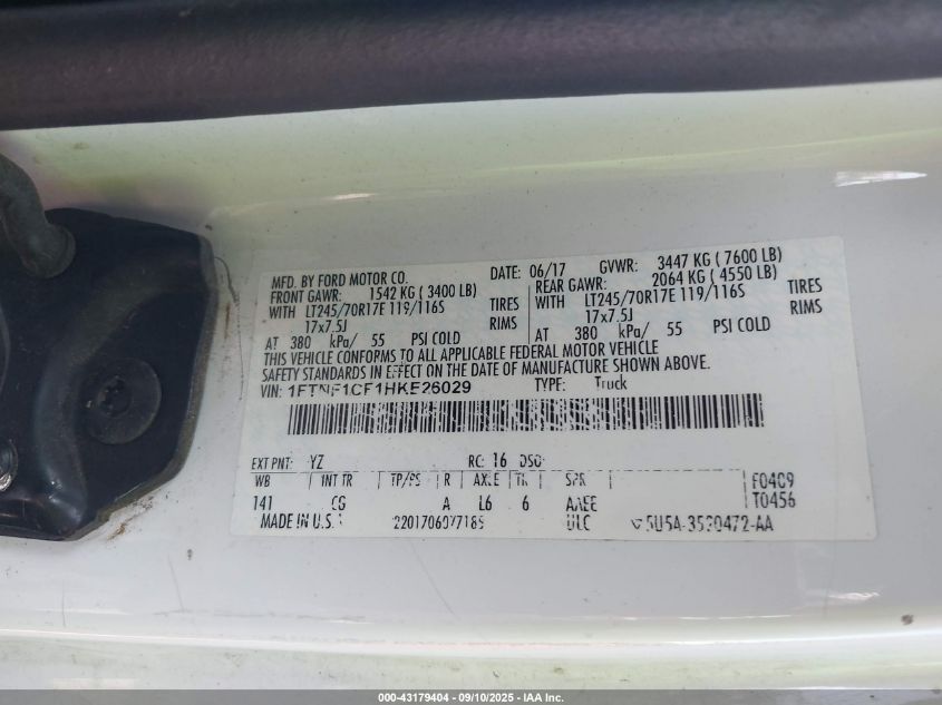 2017 Ford F-150 Xl VIN: 1FTNF1CF1HKE26029 Lot: 43179404