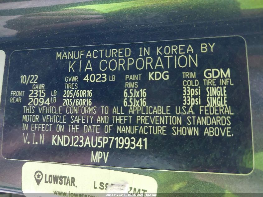 2023 Kia Soul Lx VIN: KNDJ23AU5P7199341 Lot: 43179417