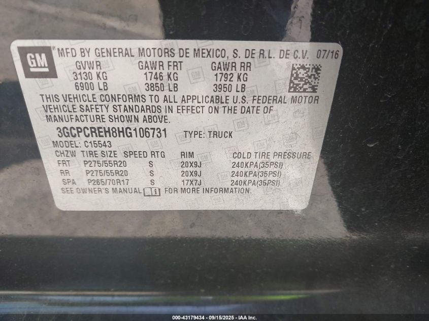 2017 Chevrolet Silverado 1500 1Lt VIN: 3GCPCREH8HG106731 Lot: 43179434