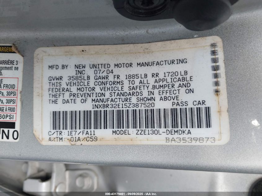 2005 Toyota Corolla Ce VIN: 1NXBR32E15Z387520 Lot: 43179461