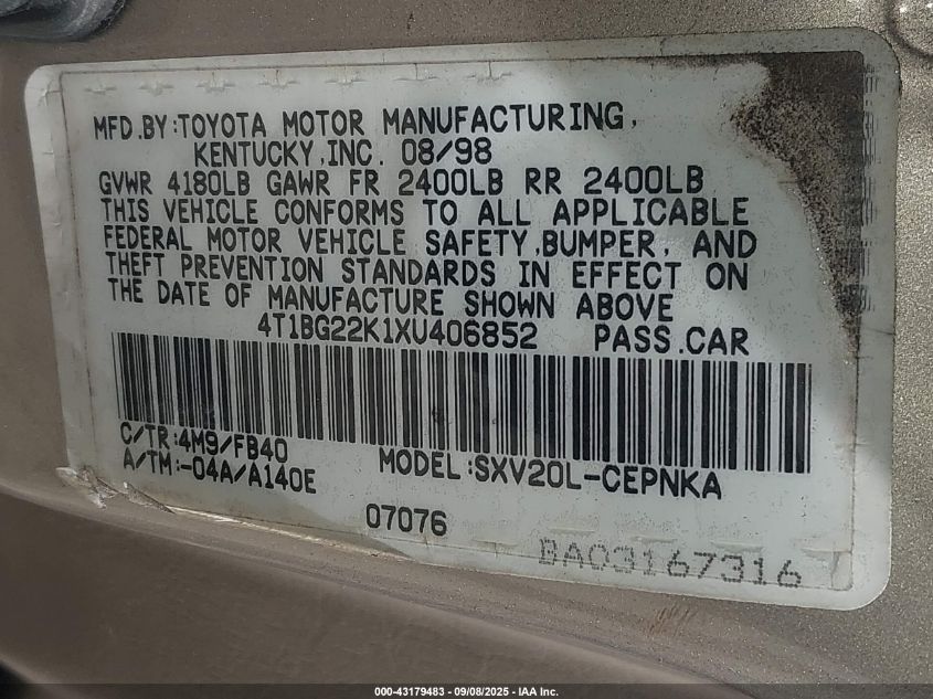 1999 Toyota Camry Le VIN: 4T1BG22K1XU406852 Lot: 43179483