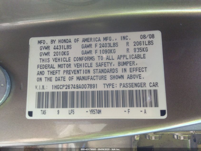 2009 Honda Accord 2.4 Ex VIN: 1HGCP26749A007891 Lot: 43179505