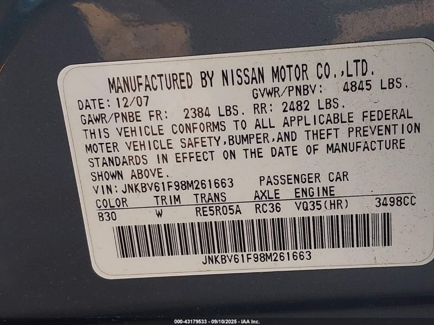 2008 Infiniti G35X VIN: JNKBV61F98M261663 Lot: 43179533