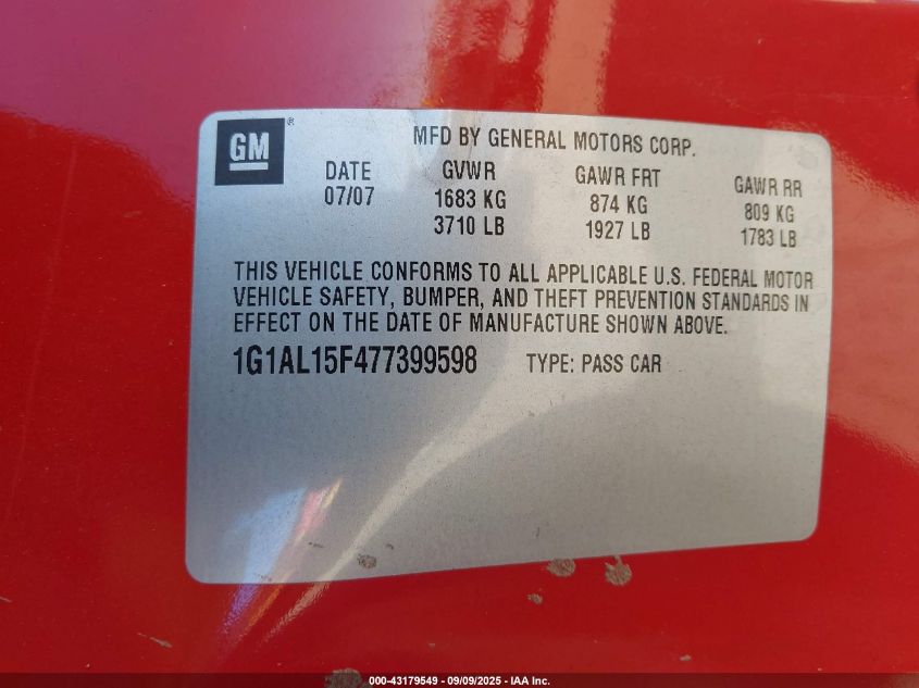 2007 Chevrolet Cobalt Lt VIN: 1G1AL15F477399598 Lot: 43179549