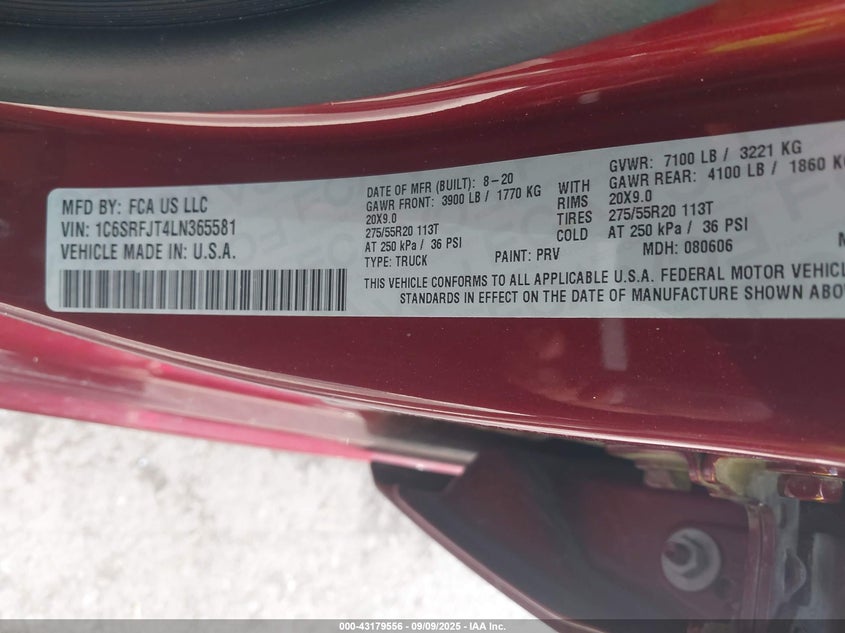 2020 Ram 1500 Laramie 4X4 5'7 Box VIN: 1C6SRFJT4LN365581 Lot: 43179556