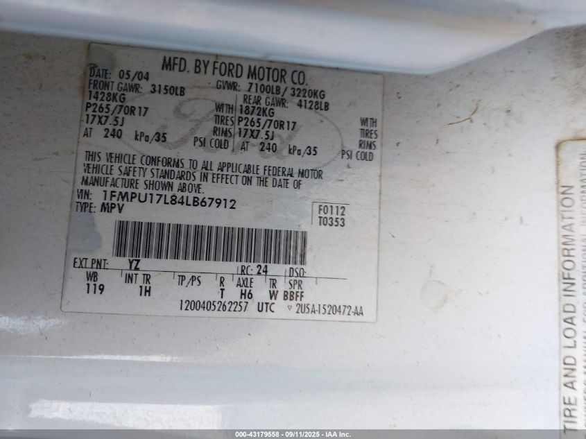 2004 Ford Expedition Eddie Bauer VIN: 1FMPU17L84LB67912 Lot: 43179558