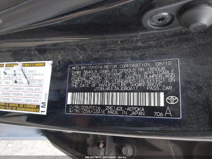 2010 Toyota Corolla Le VIN: JTDBU4EE3AJ080611 Lot: 43179571