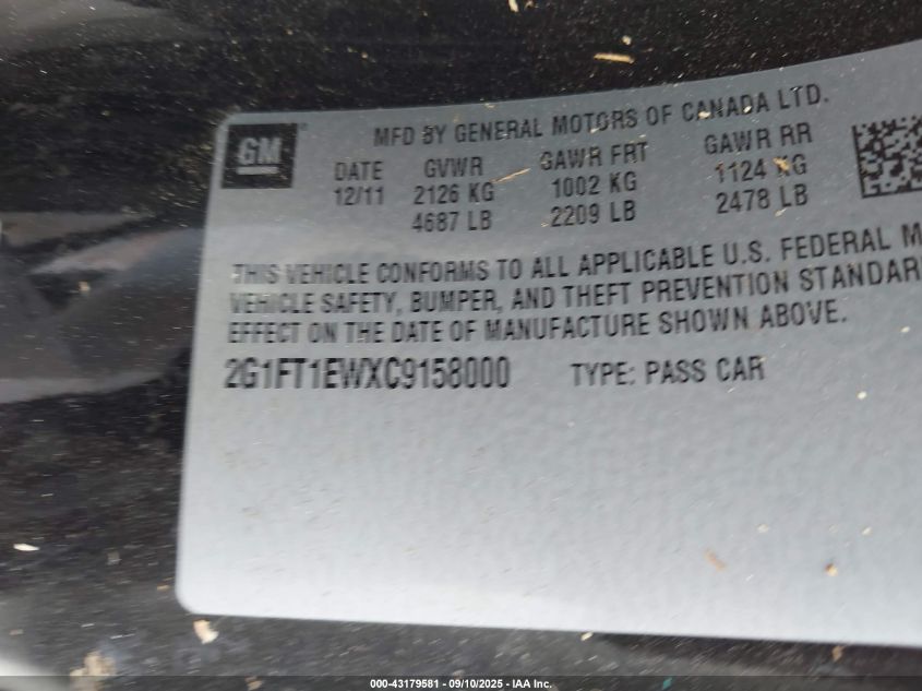 2012 Chevrolet Camaro 2Ss VIN: 2G1FT1EWXC9158000 Lot: 43179581