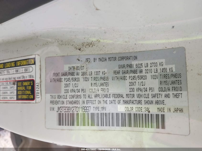 2007 Mazda Cx-9 Grand Touring VIN: JM3TB38Y270116997 Lot: 43179583