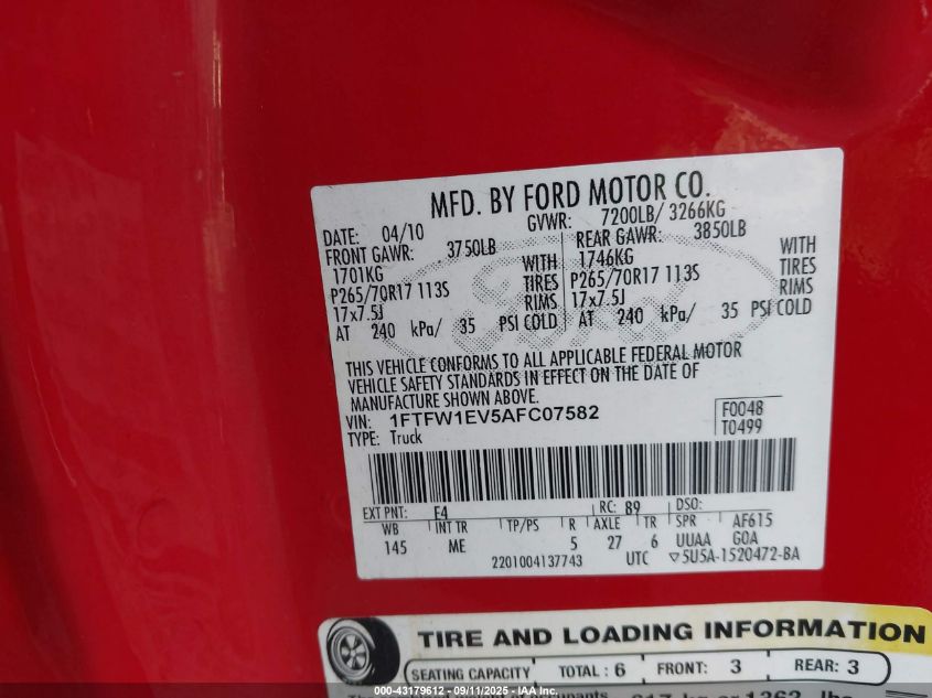 2010 Ford F-150 Fx4/Harley-Davidson/King Ranch/Lariat/Platinum/Xl/Xlt VIN: 1FTFW1EV5AFC07582 Lot: 43179612