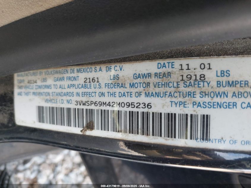 2002 Volkswagen Jetta Gls Tdi VIN: 3VWSP69M42M095236 Lot: 43179619