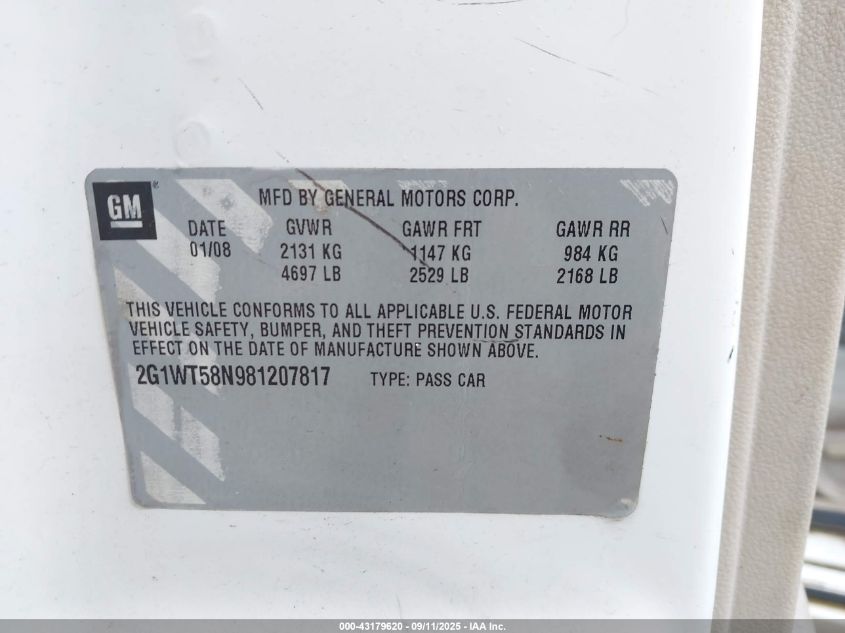 2008 Chevrolet Impala Lt VIN: 2G1WT58N981207817 Lot: 43179620