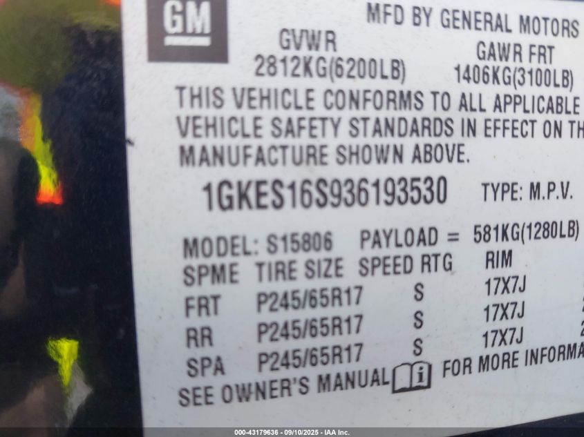 2003 GMC Envoy Xl Sle VIN: 1GKES16S936193530 Lot: 43179636