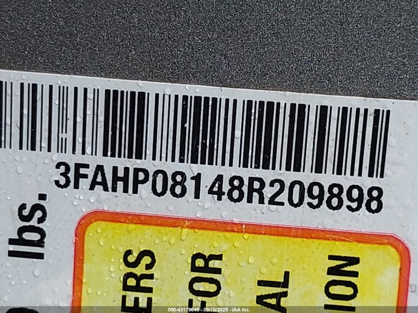 2008 Ford Fusion Sel VIN: 3FAHP08148R209898 Lot: 43179649