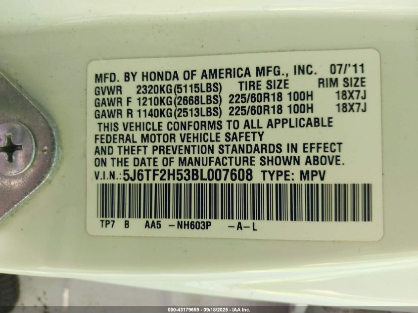 2011 Honda Accord Crosstour Ex-L VIN: 5J6TF2H53BL007608 Lot: 43179659