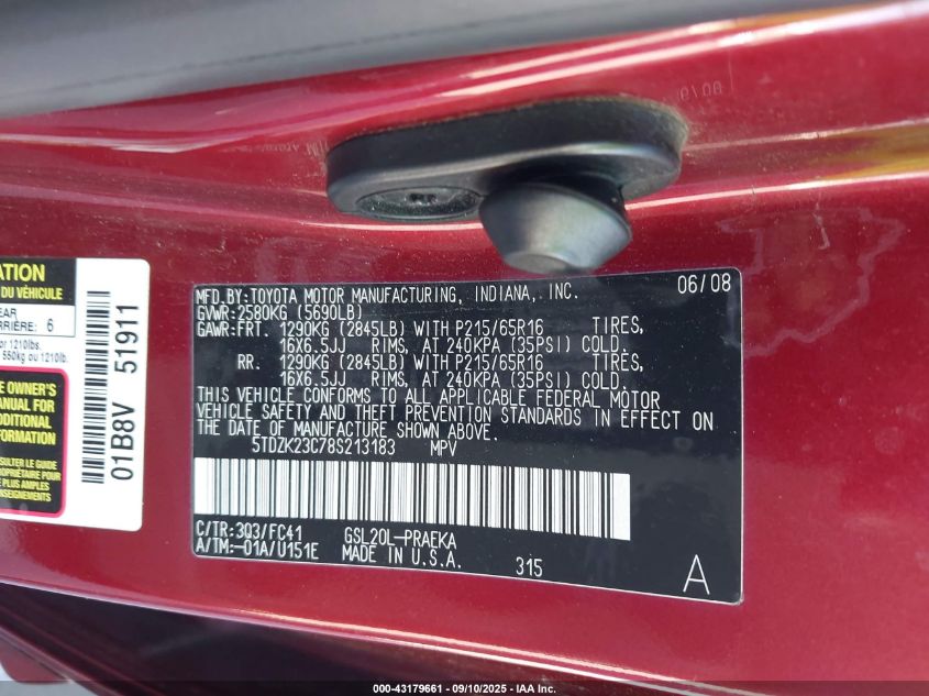 2008 Toyota Sienna Le VIN: 5TDZK23C78S213183 Lot: 43179661