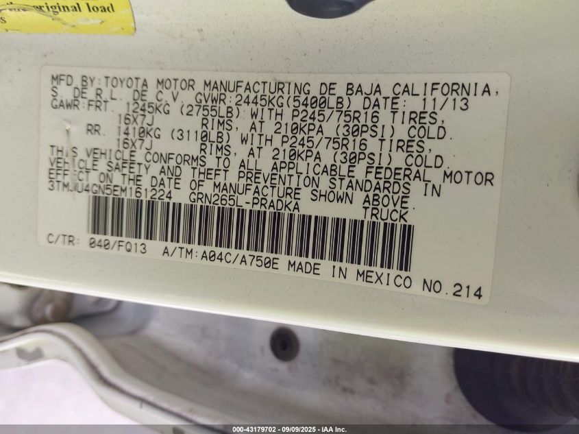 2014 Toyota Tacoma Prerunner V6 VIN: 3TMJU4GN5EM161224 Lot: 43179702