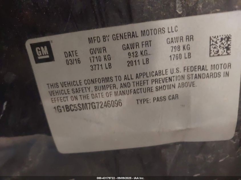 2016 Chevrolet Cruze Ls Auto VIN: 1G1BC5SM7G7246096 Lot: 43179722