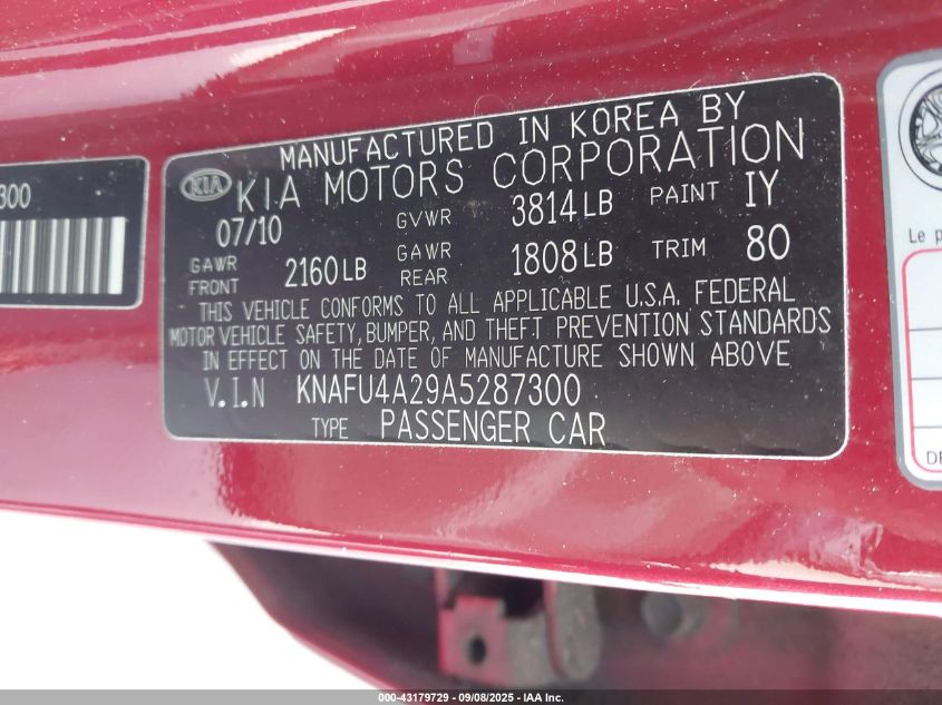 2010 Kia Forte Ex VIN: KNAFU4A29A5287300 Lot: 43179729