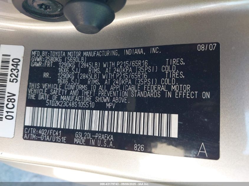 2008 Toyota Sienna Le VIN: 5TDZK23C48S105510 Lot: 43179743