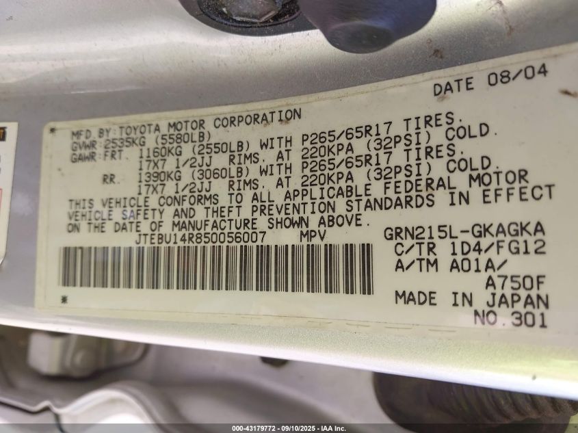 2005 Toyota 4Runner Sr5 V6 VIN: JTEBU14R850056007 Lot: 43179772