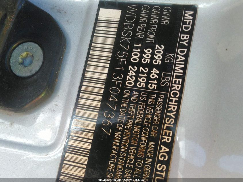 2003 Mercedes-Benz Sl 500 VIN: WDBSK75F13F047367 Lot: 43179796