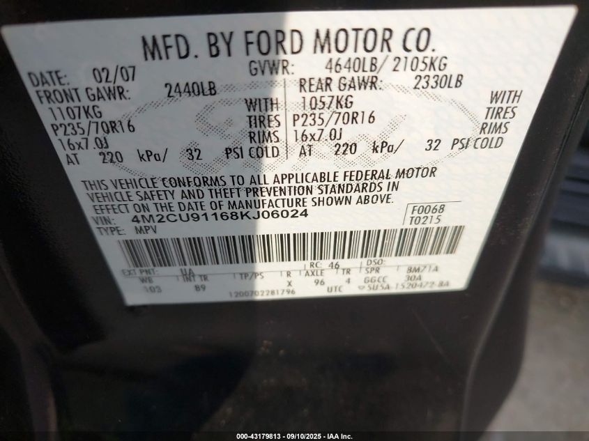 2008 Mercury Mariner V6 VIN: 4M2CU91168KJ06024 Lot: 43179813