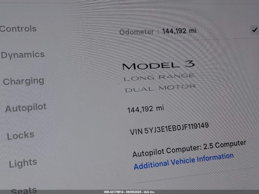 2018 Tesla Model 3 Long Range/Performance VIN: 5YJ3E1EB0JF119149 Lot: 43179814