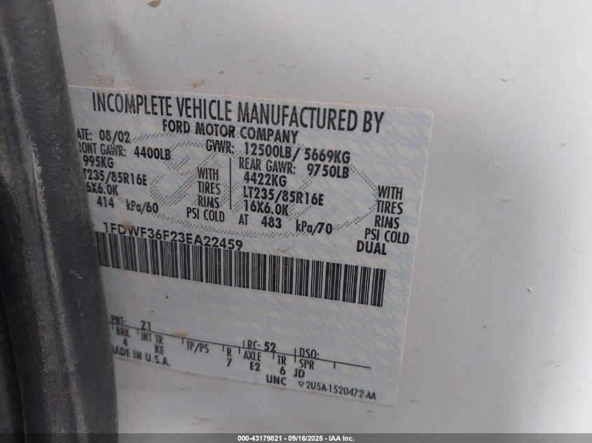 2003 Ford F-350 Xl/Xlt VIN: 1FDWF36F23EA22459 Lot: 43179821