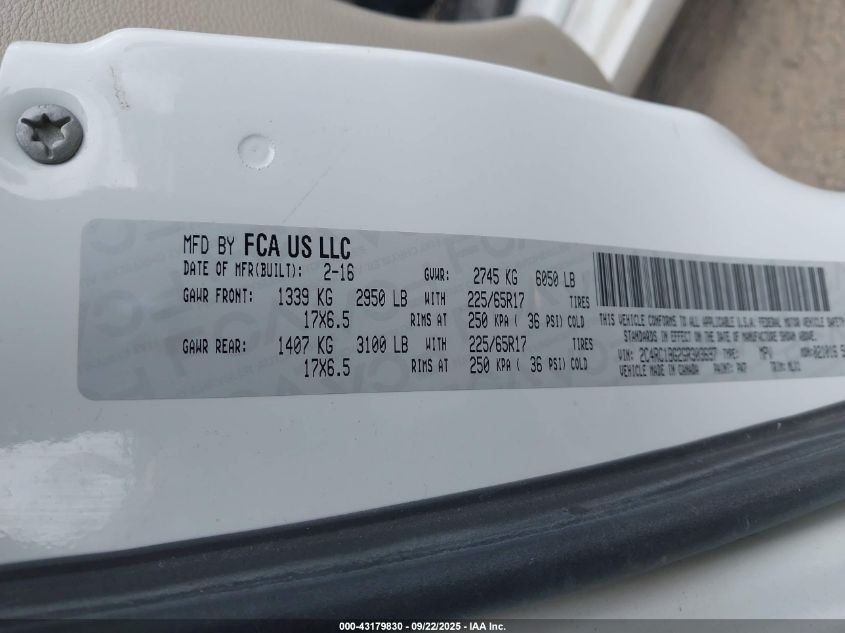 2016 Chrysler Town & Country Touring VIN: 2C4RC1BG2GR303697 Lot: 43179830