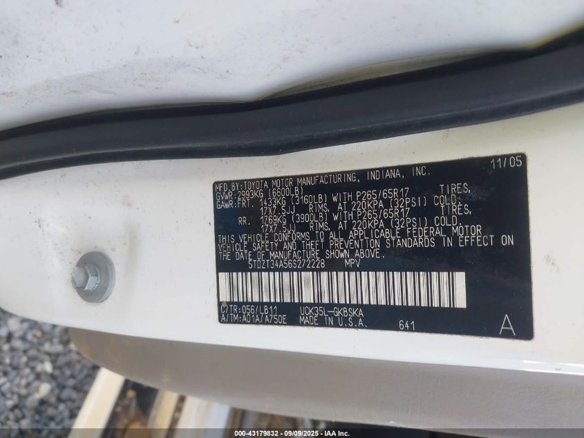 2006 Toyota Sequoia Sr5 VIN: 5TDZT34A56S272228 Lot: 43179832