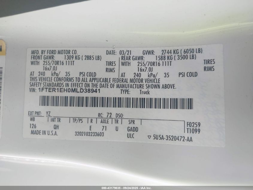 2021 Ford Ranger Xl VIN: 1FTER1EH0MLD38941 Lot: 43179835