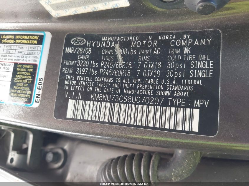 2008 Hyundai Veracruz VIN: KM8NU73C68U070207 Lot: 43179863